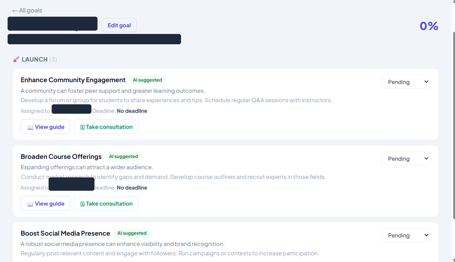 Busitrix goal screen showing AI-suggested tasks with assignees and deadlines